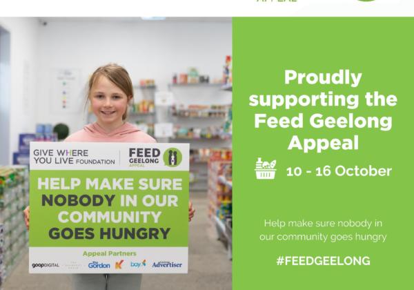 girl holding poster advertising Feed Geelong Appel
